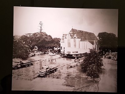 Photo of St Mary's Church being moved, Auckand Museum