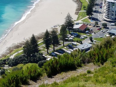 Holiday Park from Mount Maunganui (our camper is behind a tree)