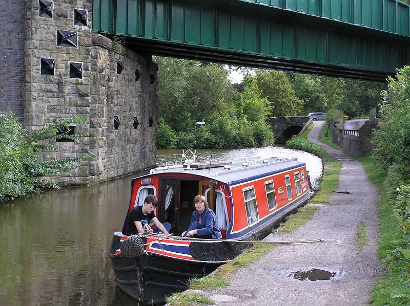 P8210038.JPG - Moored under a viaduct near the Marple aqueduct.