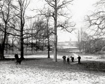 Tobogganing in park View through park to Wisbech House and Sedgeford mill on Ringstead road. Wisbech House was demolished in 2019 Original caption: Tobogganing in park