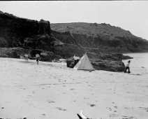 Small's or Sunny Cove Sunny Cove, Salcombe harbour? Original caption: Beach scene with tent