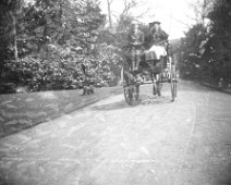 2 facing backwards on a carriage going down the drive Original caption: 2 facing backwards on a carriage going down the drive