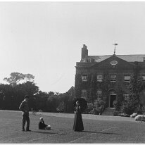 Major Morton's House, 3 figures on lawn 'The Old Lodge', Snettisham. Demolished in 1970's for Goose Green Rd Estate Major Morton is almost certainly Major Arthur Morton b. 1841 m. 19 Sep 1877 Eleanor...