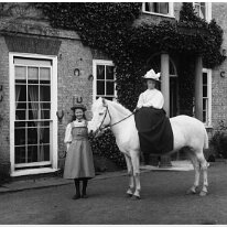 Helen on pony and Nona, Sedgeford Hall Original caption: Helen on pony and Nona