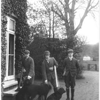 Claude, Donald & John with guns & dogs Sedgeford Hall Original caption: Claude, Donald and John with guns and dogs