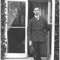 John outside drawing room window Sedgeford Hall Original caption: John outside drawing room window
