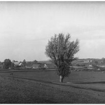 Sedgeford church and washpits from the park View from the Boneyard field to NW over Reeddam to Sedgeford church, West Hall farm and Washpit cottages Original caption: Church and washpits from the park