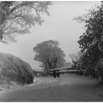 Lane in snow Fring lane by Sedgeford hall wall looking east Original caption: Lane in snow