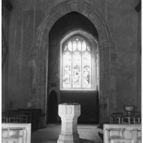 Mrs. Coldham's church window and font, Anmer church Original caption: Mrs. Coldham's church window and font