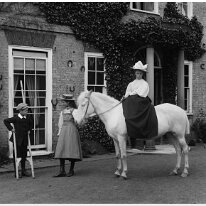 Helen on white pony, Frank & Nona Sedgeford Hall Original caption: Helen on white pony, Frank and Nona
