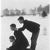 3 boys on one small toboggan Original caption: 3 boys on one small toboggan