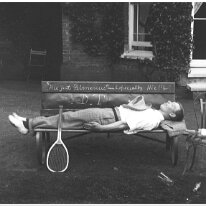 Ted Palmer laid out in front of the drawing room window, Sedgeford Hall Original caption: Ted Palmer laid out