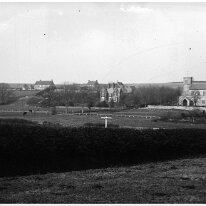 Sedgeford church and vicarage landscape Taken from SE above Chalkpit beside Shernborne Hill track - Hill Farm and barns - Brookdale House - Vicarage - Sedgeford (St.Mary's) church Original caption:...