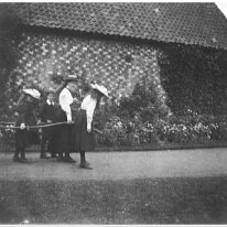 3 girls & Frank pulling a trap Sedgeford Hall Original caption: 3 girls and Frank pulling a trap
