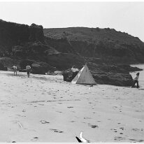 Small's or Sunny Cove Sunny Cove, Salcombe harbour? Original caption: Beach scene with tent