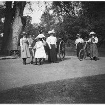Girls with donkey cart Sedgeford Hall Original caption: Girls with donkey cart