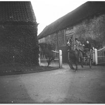 Pony & trap leaving yard Sedgeford Hall Original caption: Pony and trap leaving yard