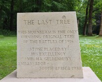 Marker stone for the last tree left standing after the Battle of Delville Wood, 14-19 July 1916 (English)